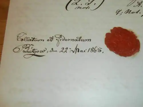 altes Dokument mit Siegel - Bützow 1865 , Mecklenburg , Bernitt / Rostock , von Müller in Stralsund !!!