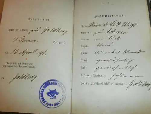 Fleischer - Wanderbuch ,F. Wiese aus Lohmen / Goldberg i. Mecklenburg 1891-1902 viele Stempel , Lübz , Doberan , Wolgast