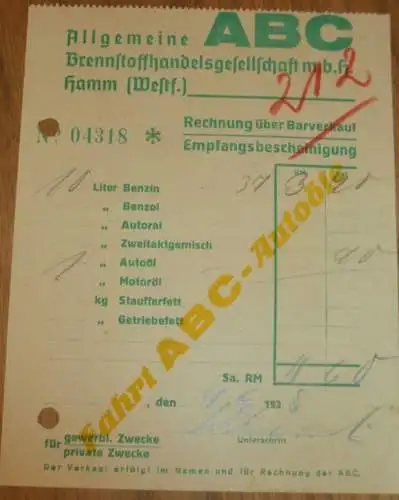 ABC Tankstelle in Hamm i. Westf. , 1938 , Benzin , Öl - alte Rechnung , Reklame / Werbung !!