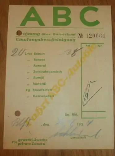 ABC Tankstelle in Hamm , 1937 , Benzin , Öl - alte Rechnung , Reklame / Werbung !!