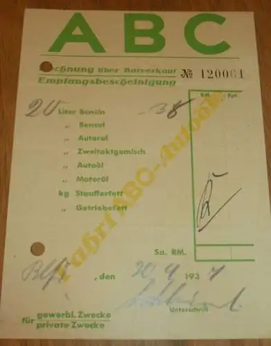 ABC Tankstelle in Hamm , 1937 , Benzin , Öl - alte Rechnung , Reklame / Werbung !!