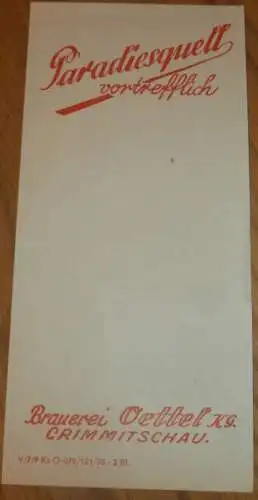 Brauerei Oettel KG in Crimmitschau - alter Rechnungszettel blanko , Bier , Bar , alte Rechnung , Reklame / Werbung !!