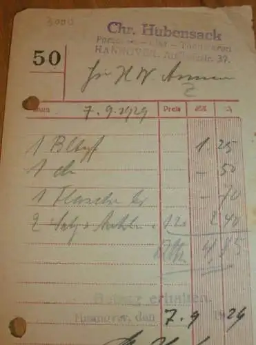 Porzellan - Glas - Chr. Hubensack in Hannover , 1926 , alte Rechnung , Reklame / Werbung !!