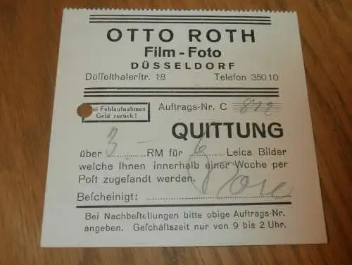 Otto Roth - Film - Foto in Düsseldorf , LEICA , ca. 1940 , alte Rechnung , Reklame / Werbung !!