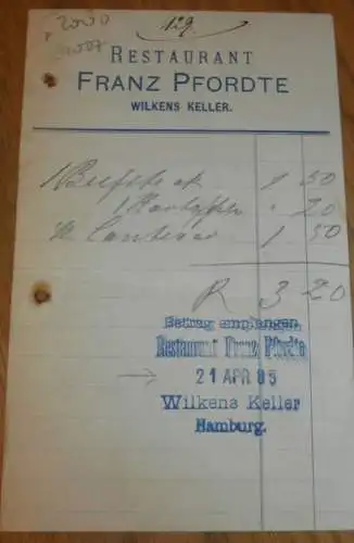 Restaurant - Franz Pfordte in Hamburg , Wilkens Keller , 1885 , alte Rechnung , Reklame / Werbung !!