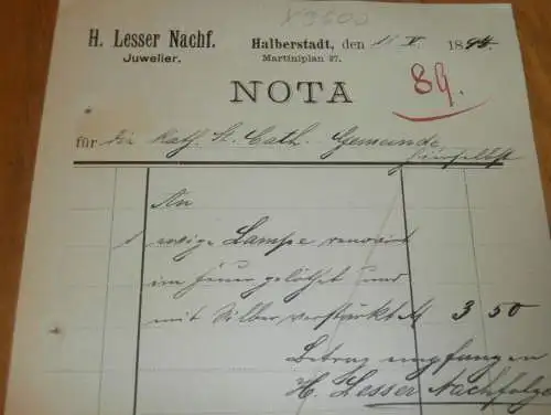 Juwelier - H. Lesser in Halberstadt , 1894 , alte Rechnung , Reklame / Werbung !!