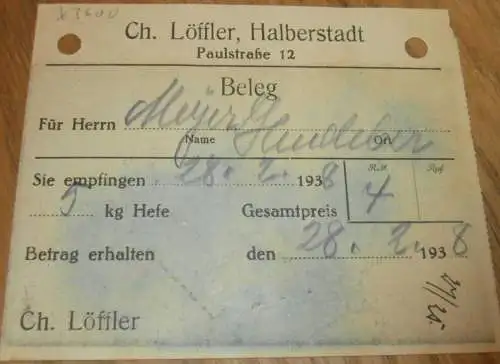 CH. Löffler in Halberstadt , 1938 , Hefe , alte Rechnung , Reklame / Werbung !!