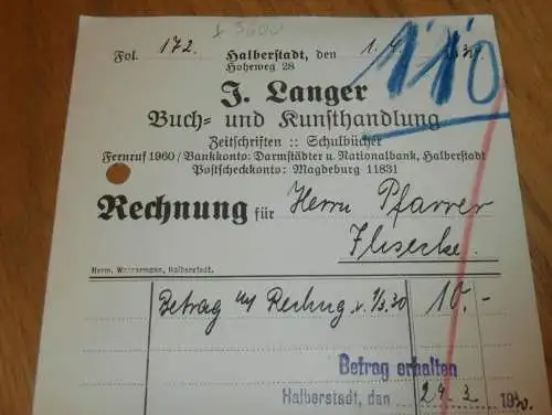 Buch- und Kunsthandlung - J- Langer in Halberstadt , 1930 , Pfarrer Ilsecke , alte Rechnung , Reklame / Werbung !!