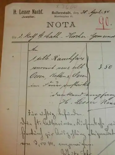 Juwelier - H. Lesser in Halberstadt , 1894 , alte Rechnung , Reklame / Werbung !!