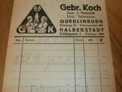 Sack- und Planfabrik - Gebr. Koch in Quedlinburg und Halberstadt , 1934 , alte Rechnung , Reklame / Werbung !!