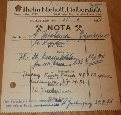 Wilhelm Niehoff in Halberstadt , 1951 , alte Rechnung , Reklame / Werbung !!