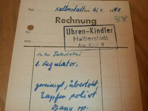 Uhren - Kindler in Halberstadt , 1951 , alte Rechnung , Reklame / Werbung !!