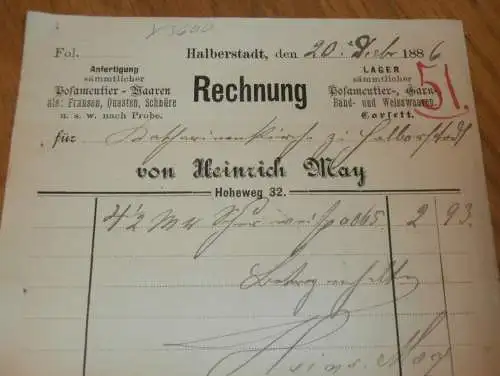 Posamentier-Waaren - Heinrich May in Halberstadt , 1886 , Cosett , alte Rechnung , Reklame / Werbung !!