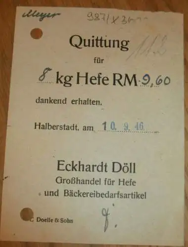 Bäckerei - Eckhardt Döll in Halberstadt , 1946 , 6KG Hefe , alte Rechnung , Reklame / Werbung !!