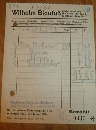 Lederhandlung - Wilhelm Blaufuß in Halberstadt , 1944 , alte Rechnung , Reklame / Werbung !!