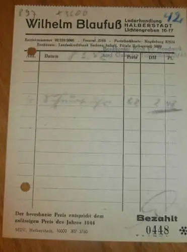 Lederhandlung - Wilhelm Blaufuß in Halberstadt , 1944 , alte Rechnung , Reklame / Werbung !!
