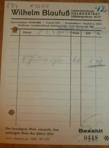 Lederhandlung - Wilhelm Blaufuß in Halberstadt , 1944 , alte Rechnung , Reklame / Werbung !!