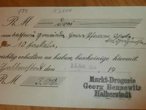 Markt-Drogerie - Georg Bennewitz in Halberstadt , 1934 , alte Rechnung , Reklame / Werbung !!