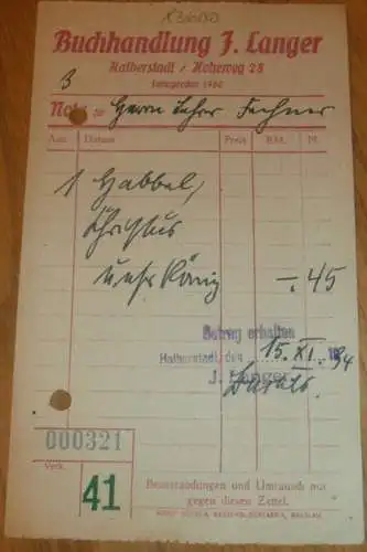 Buchhandlung - J- Langer in Halberstadt , 1934 , alte Rechnung , Reklame / Werbung !!
