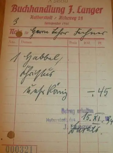Buchhandlung - J- Langer in Halberstadt , 1934 , alte Rechnung , Reklame / Werbung !!