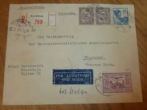 NSDAP - Parteileitung, Braunes Haus in München 1932 ,orig. Brief von Dr. Ernst Rodenwaldt aus Surabaya / Java , Luftpost