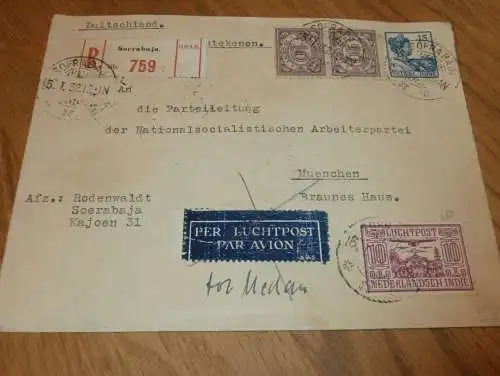 NSDAP - Parteileitung, Braunes Haus in München 1932 ,orig. Brief von Dr. Ernst Rodenwaldt aus Surabaya / Java , Luftpost