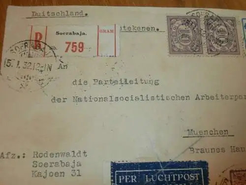 NSDAP - Parteileitung, Braunes Haus in München 1932 ,orig. Brief von Dr. Ernst Rodenwaldt aus Surabaya / Java , Luftpost