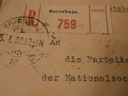 NSDAP - Parteileitung, Braunes Haus in München 1932 ,orig. Brief von Dr. Ernst Rodenwaldt aus Surabaya / Java , Luftpost