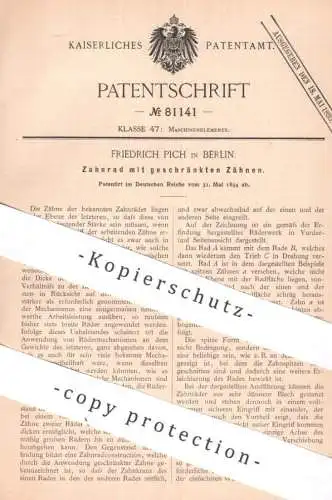 original Patent - Friedrich Pich , Berlin | 1894 | Zahnrad mit geschränkten Zähnen | Zahnräder , Uhrwerk Uhr , Triebwerk