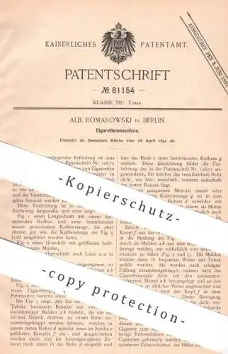 original Patent - Alb. Romarowski , Berlin | 1894 | Cigarettenmaschine | Cigaretten , Zigaretten , Zigarren , Tabak !!