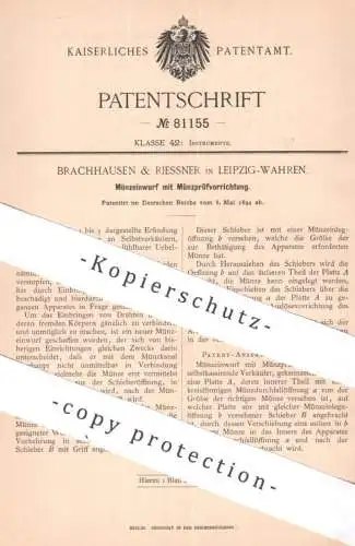 original Patent - Brachhausen & Riessner , Leipzig / Wahren | 1894 | Münzeinwurf mit Münzprüfvorrichtung | Automat Kasse