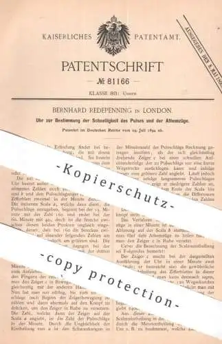 original Patent - Bernhard Redepenning , London , England | 1894 |  Uhr zur Bestimmung der Schnelligkeit von Puls & Atem