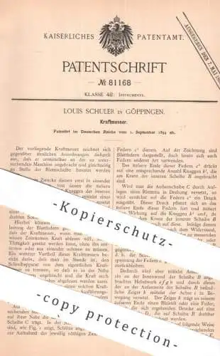 original Patent - Louis Schuler , Göppingen | 1894 | Kraftmesser | Riemen , Knagge , Hebelwerk , Blattfedern