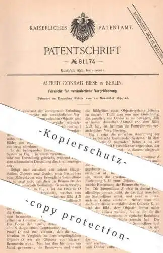 original Patent - Alfred Conrad Biese , Berlin | 1894 | Fernrohr für veränderliche Vergrößerung | Objektiv Ocular Linse