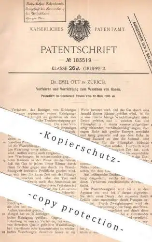 original Patent - Dr. Emil Ott , Zürich , Schweiz | 1905 | Waschen von Gas | Gase | Kohlengas , Teer , Ammoniak