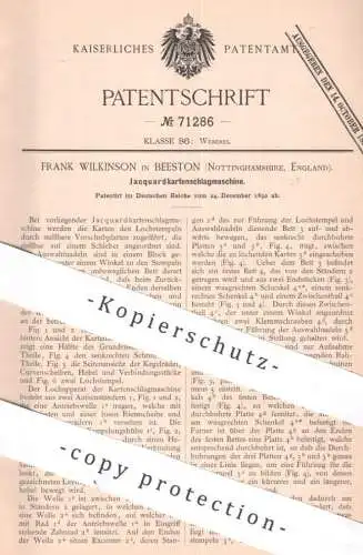 original Patent - Frank Wilkinson , Beeston , Nottinghamshire , England | 1892 | Jacquardkartenschlagmaschine | Jacquard