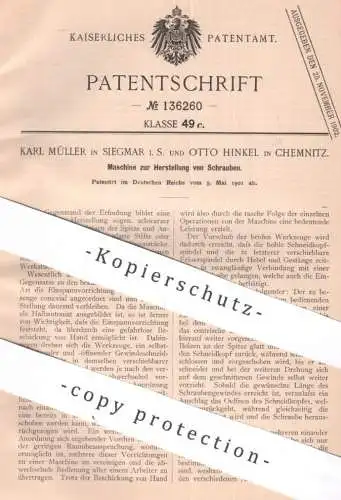 original Patent - Karl Müller , Siegmar | Otto Hinkel , Chemnitz | 1901 | Herst. von Schrauben | Schraube | Werkzeug