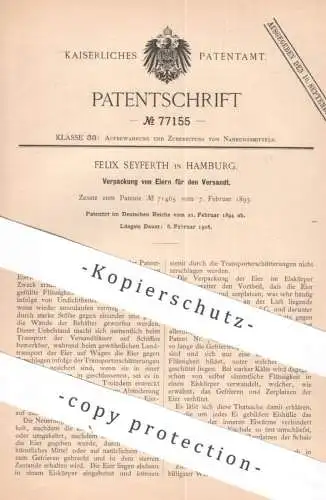 original Patent - Felix Seyferth , Hamburg | 1894 | Verpackung von Eiern für den Versand | Ei , Eier - Behälter