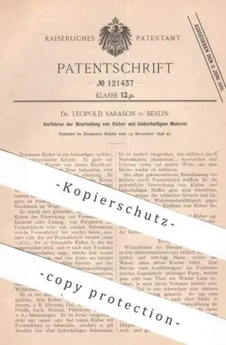 original Patent - Dr. Leopold Sarason , Berlin | 1898 | Bearbeitung von Kleber & kleberhaltigem Material | Leim Kleister