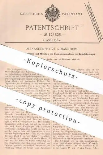 original Patent - Alexander Watzl , Mannheim , 1898 , Gasmotor an Motorfahrzeug | Motor , Anlasser , Automobil , Motoren