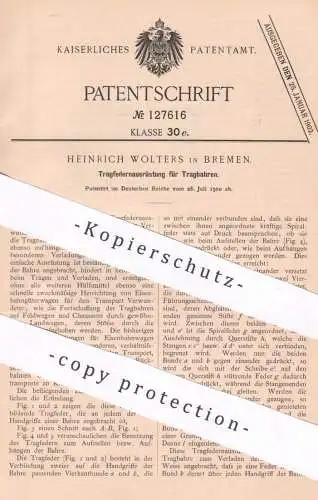 original Patent - Heinrich Wolters , Bremen , 1900 , Transport von Tragbahren | Tragbahre | Bahre | Krankentrage !!
