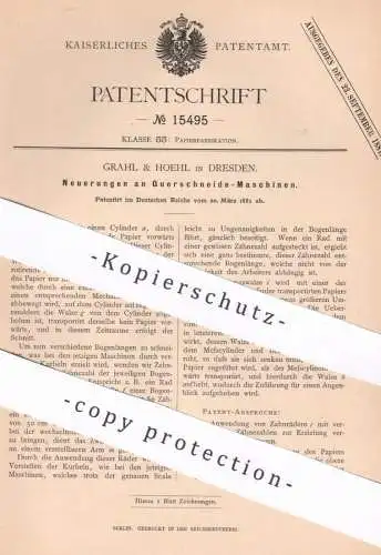 original Patent - Grahl & Hoehl , Dresden , 1881 , Querschneide - Maschinen für Papier | Papierfabrik , Pappe