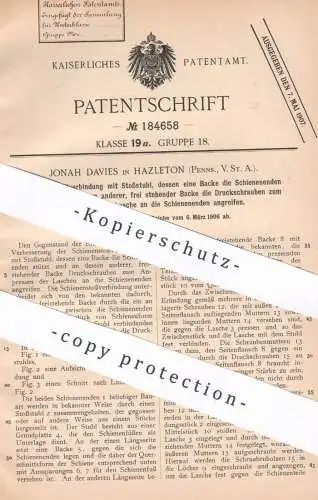 original Patent - Jonah Davies , Hazleton , Pennsylvania , USA , 1906 , Schienenstoßverbindung | Eisenbahn , Schienen !