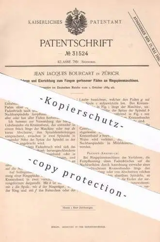 original Patent - Jean Jacques Bourcart , Zürich , Schweiz , 1884 , Fangen gerissener Fäden an Spinnmaschine | Spinnerei