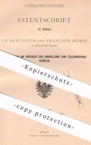 original Patent - Ed. Berthoud & François Borel , Cortaillod , Schweiz | Presse zur Isolierung von Telegraphenkabel
