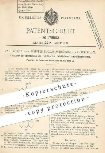 original Patent - Farbwerke vorm. Meister Lucius & Brüning , Höchst / Main , 1904 , violettblauer Schwefelfarbstoff !!