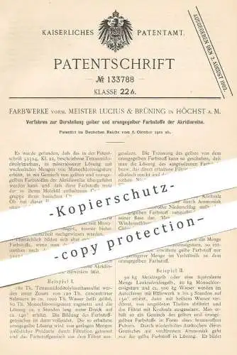 original Patent - Farbwerke vorm. Meister Lucius & Brüning , Höchst / Main , 1901 ,Darst. von Farbstoff der Akridinreihe