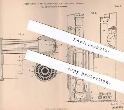 original Patent - John Gjers , Middlesbrough on Tees , York , England , 1895 , Ofen mit geschlossener Brennkammer | Öfen