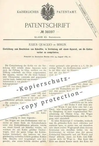 original Patent - Julius Quaglio , Berlin , 1885 , Beschicken von Koksofen | Ofen , Öfen , Feuerung | Koks , Kohle !!!