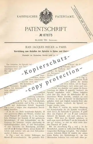 original Patent - Jean Jacques Rieger , Paris , Frankreich 1892 , Spindeln in Spinnmaschinen , Zwirnmaschine | Schneider